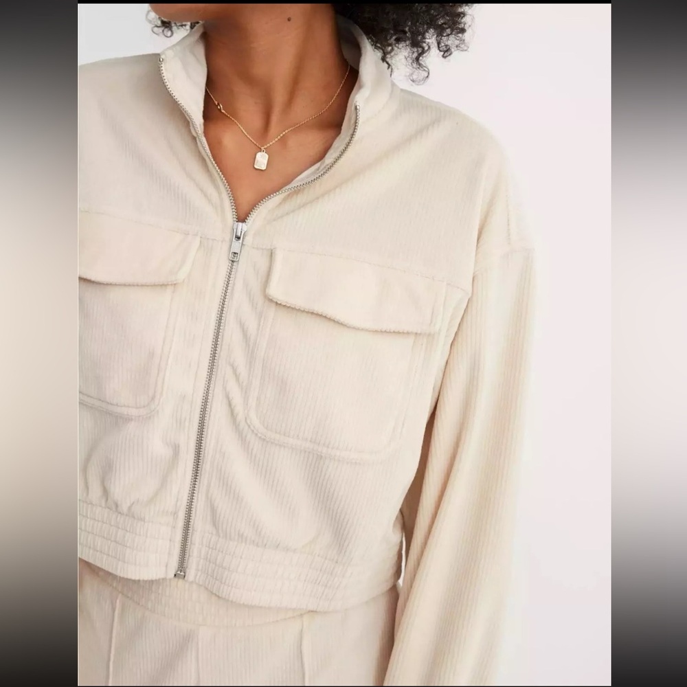 Aerie Groove On Velour Corduroy Full Zip Ribbed Cropped Sweatshirt Cream Medium